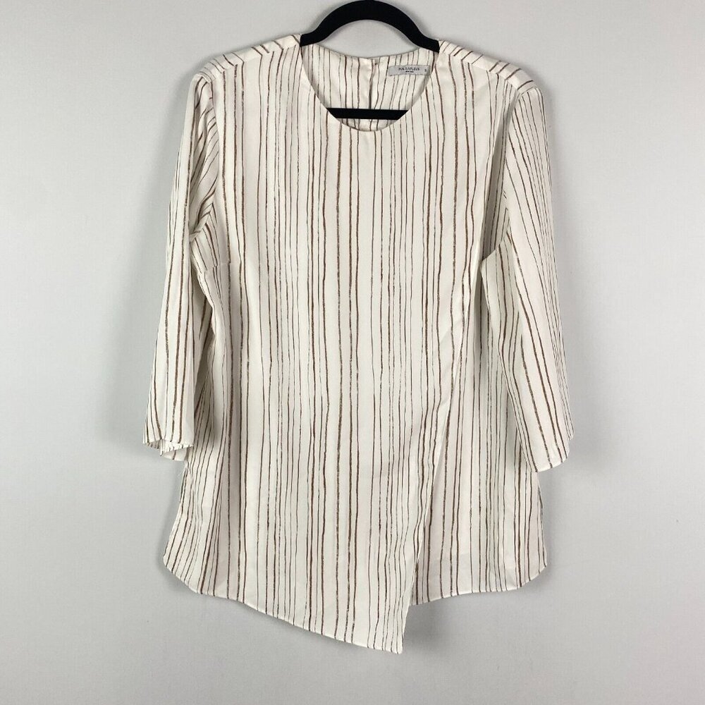 MM Lafleur Asymmetric Blouse Size XL 3/4 Sleeves White Brown Stripe